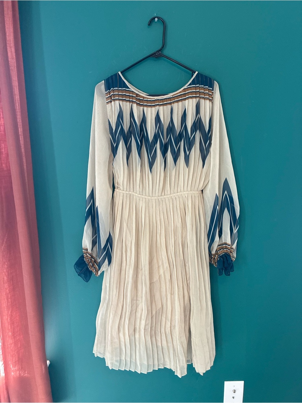 H&M Ivory Dress with Blue Geometric Print and Brown Accents